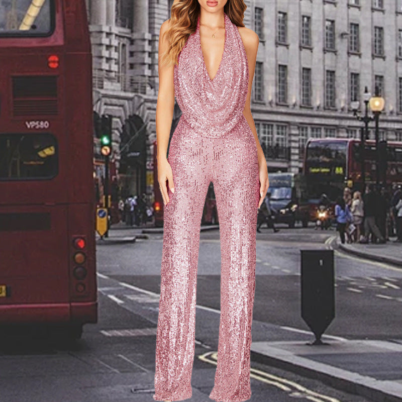 Damen Glitzerndes Jumpsuit mit tiefem V-Ausschnitt und weitem Bein R&B