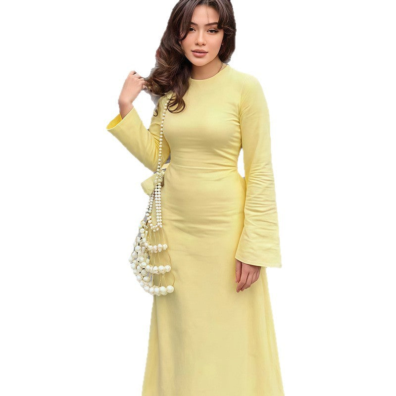 Damen Maxikleid mit taillierbarem Gürtel und elegantem Kragen R&B