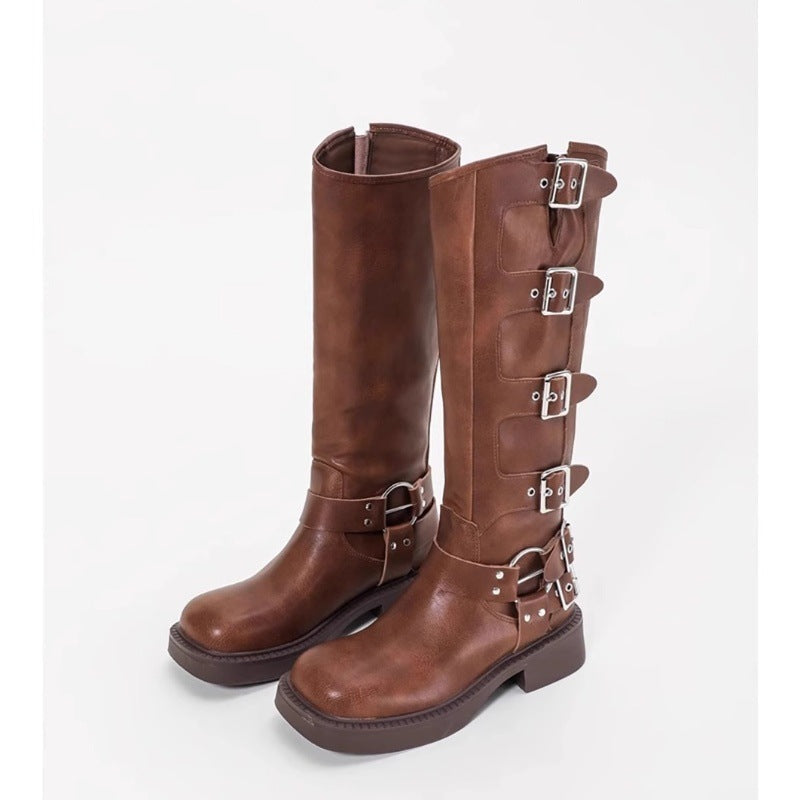 Damen Stiefel mit modischen Schnallen und robustem Blockabsatz R&B