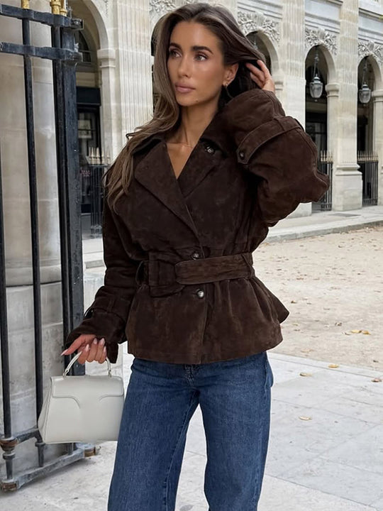 Damen modische Wildlederjacke mit Taillengürtel und voluminösen Ärmeln R&B