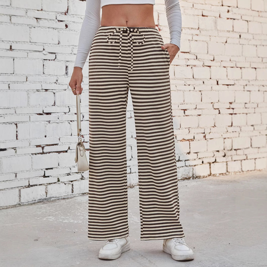 Damen weite Streifenhose mit elastischem Bund und Kordelzug R&B