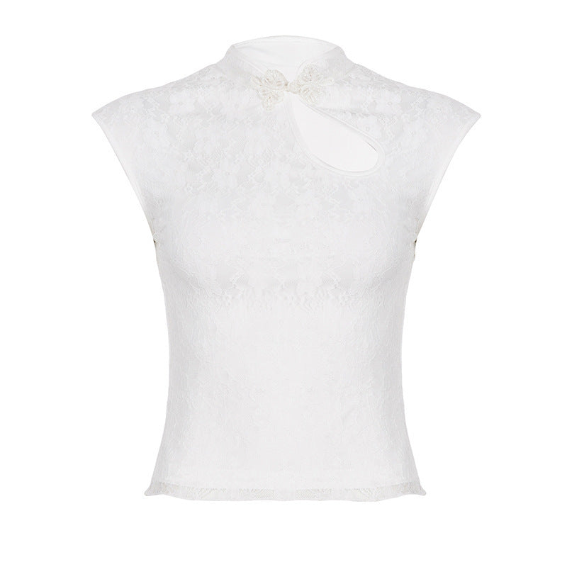 Damen Spitzenoberteil mit hochgeschlossenem Kragen und floralem Design R&B
