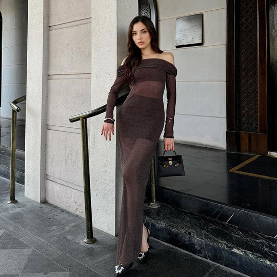 Damen elegantes schulterfreies Maxikleid mit Rüschendetails R&B