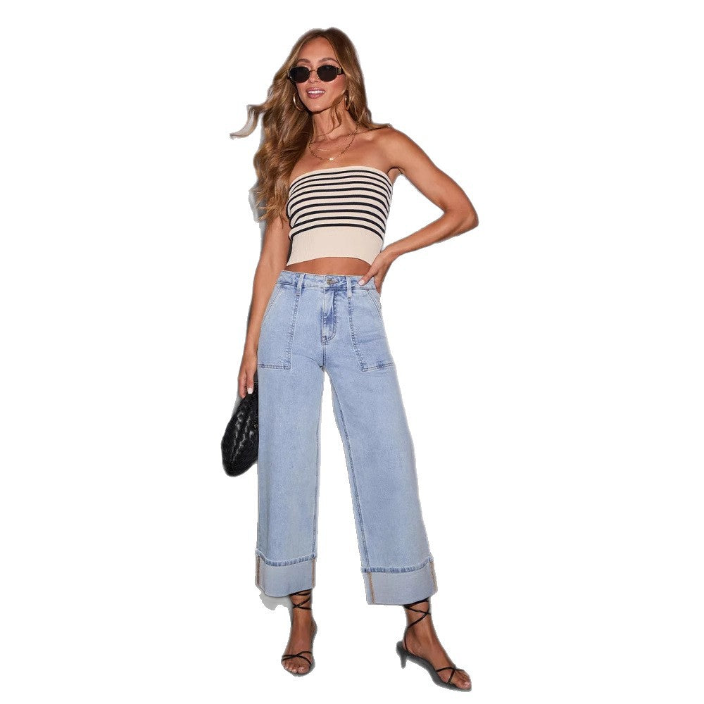 Damen Weit geschnittene Jeans mit Taschen und modischem Saum R&B