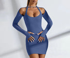 Damen Einseitig Offenes Mini-Kleid mit Langarm R&B