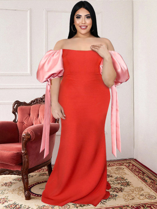 Damen Maxikleid mit schulterfreiem Design und voluminösen Satinärmel R&B