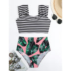 Damen Hochgeschnittener Bikini mit modischem Streifenmuster und floralem Unterteil R&B
