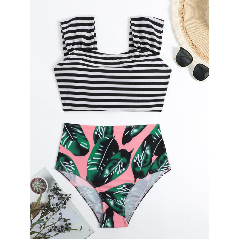 Damen Hochgeschnittener Bikini mit modischem Streifenmuster und floralem Unterteil R&B