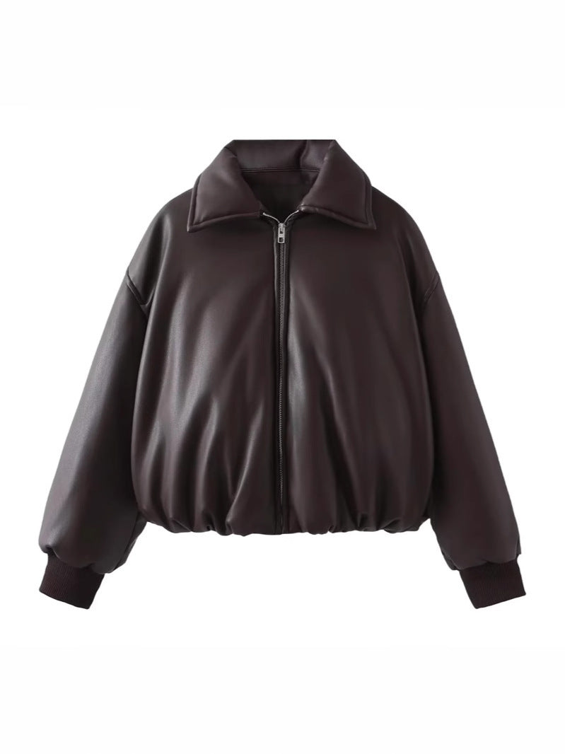 Damen lässige Kunstlederjacke mit voluminösem Schnitt und praktischen Taschen R&B