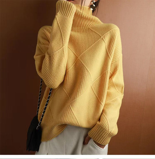 Damen hochwertiger Strickpullover mit stehendem Kragen und extravagantem Rautenmuster R&B