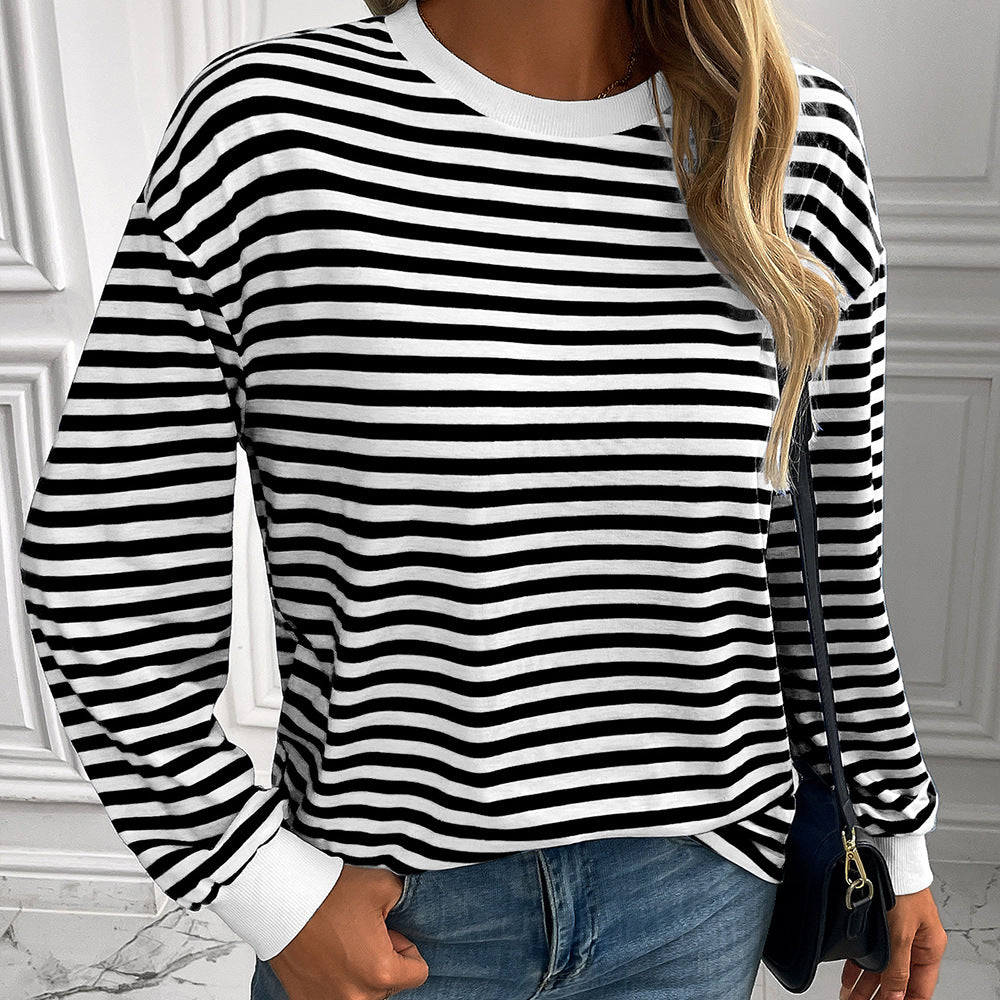 Damen gestreifter Langarm-Pullover mit lässigem Schnitt R&B
