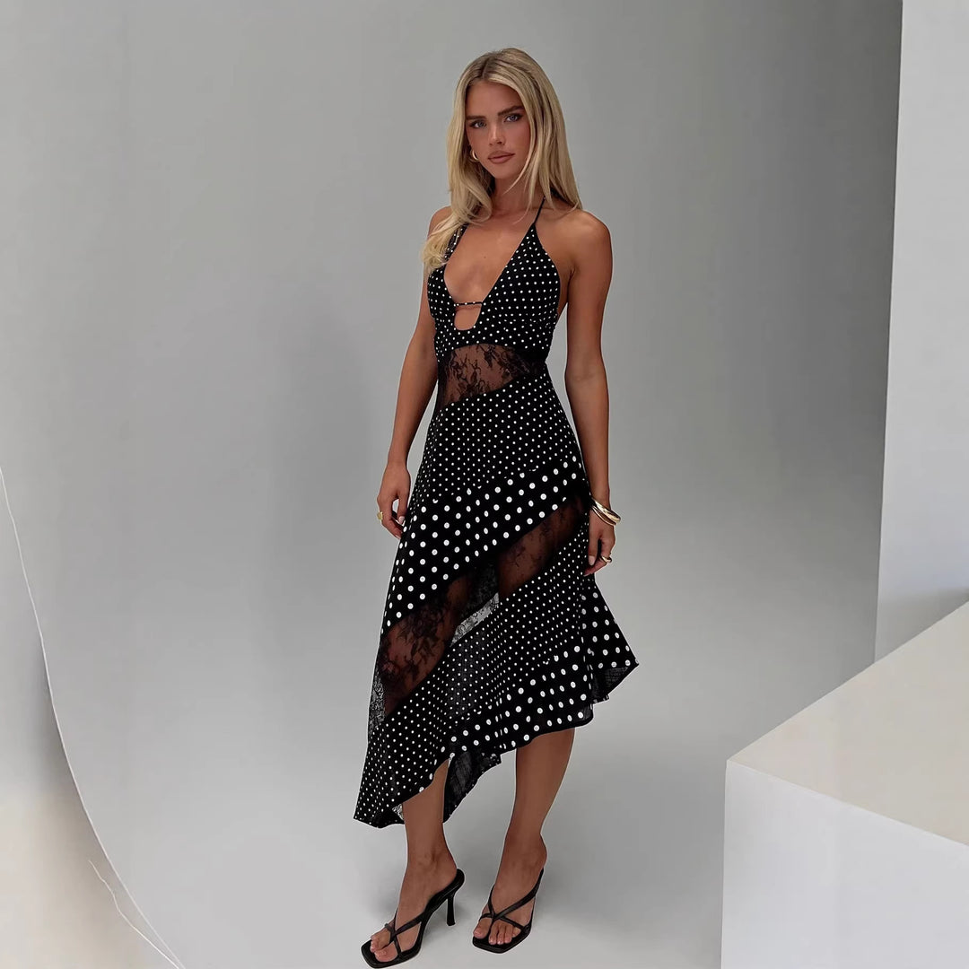 Damen Halterkleid mit transparenten Einsätzen und asymmetrischem Saum R&B
