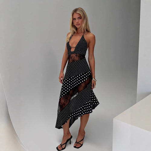 Damen Halterkleid mit transparenten Einsätzen und asymmetrischem Saum R&B