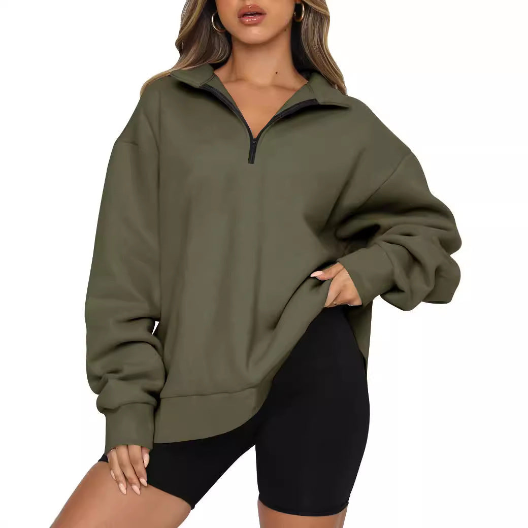 Damen Oversized Sweatshirt mit kurzem Reißverschluss und lässigem Schnitt R&B