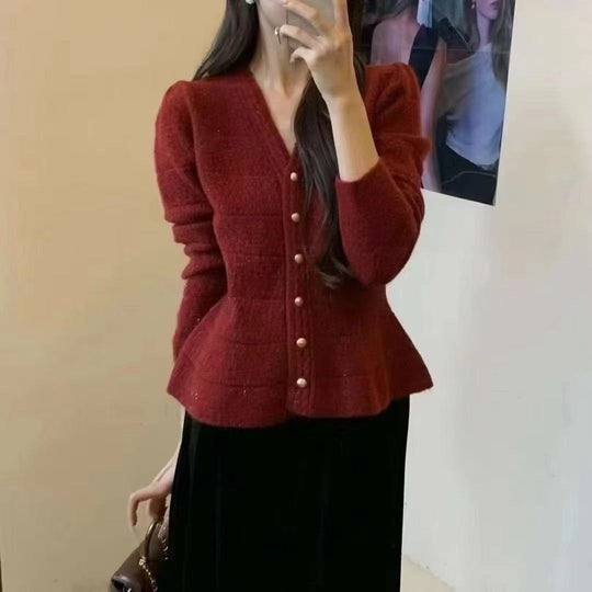 Damen elegante Strickjacke mit strukturiertem Design und femininen Puffärmeln R&B