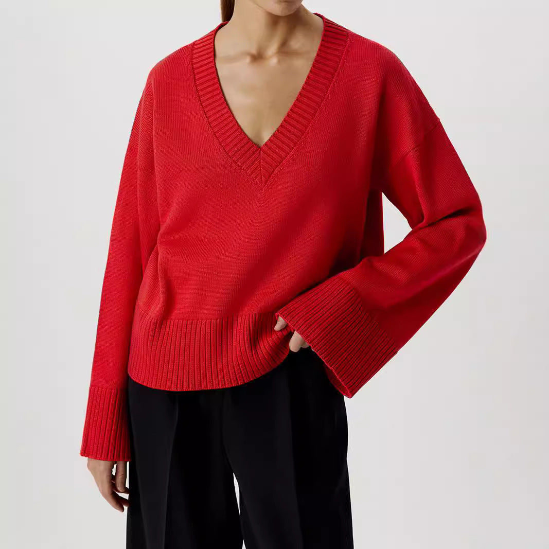 Damen Strickpullover mit tiefem V-Ausschnitt und lässigem Schnitt R&B