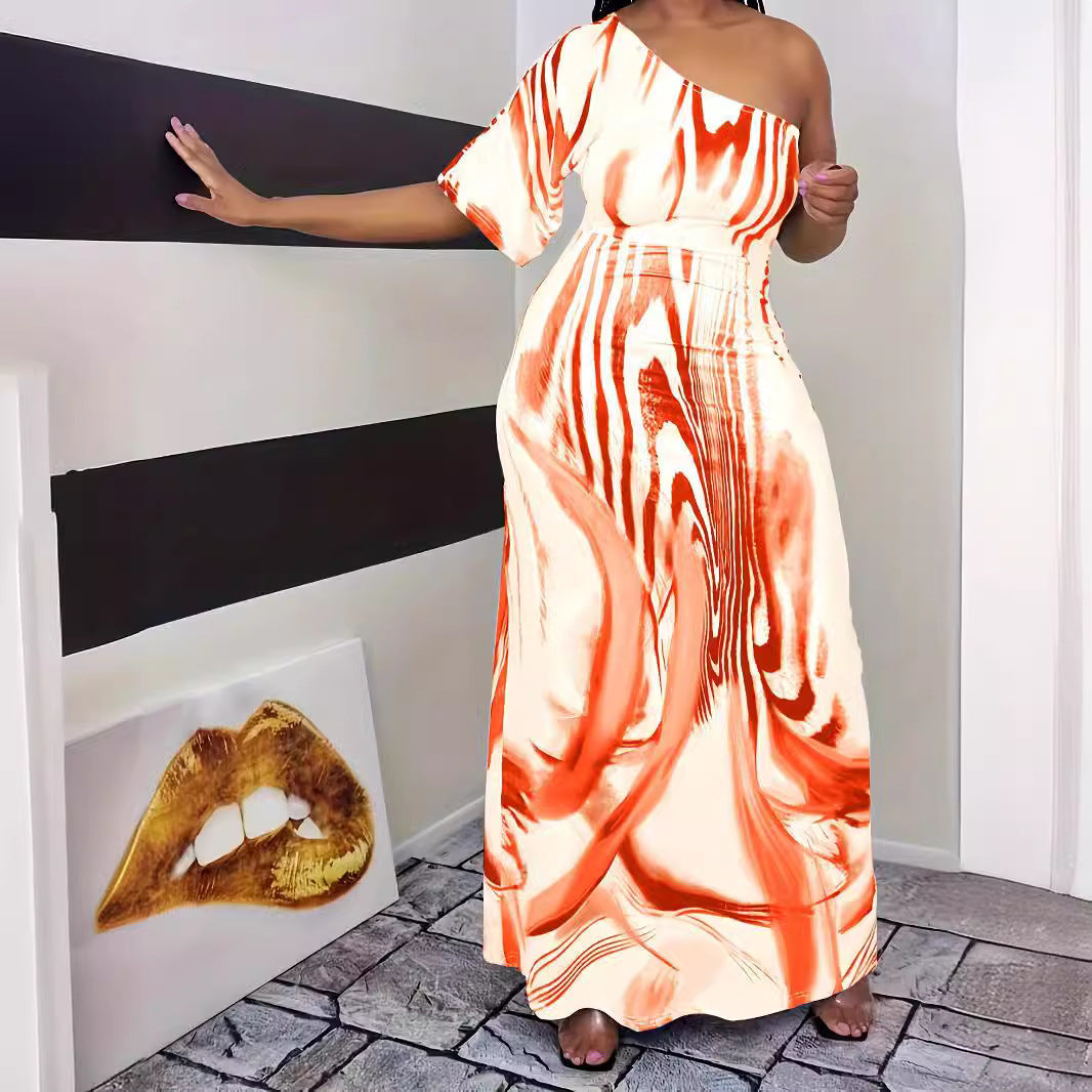 Damen Maxikleid mit asymmetrischem Schnitt und elegantem Muster R&B