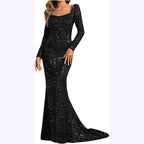 Damen Glamouröses Glitzer-Abendkleid mit schwingendem Rock und voluminösen Ärmeln EB