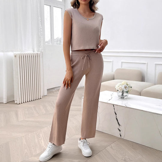Damen Strick Zweiteiliges Set mit cropped Oberteil und weiter Hose R&B
