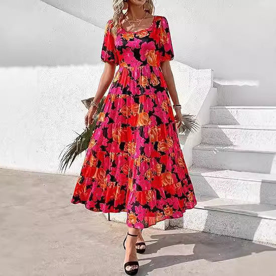 Damen Maxikleid mit Puffärmeln und Rüschendetails R&B