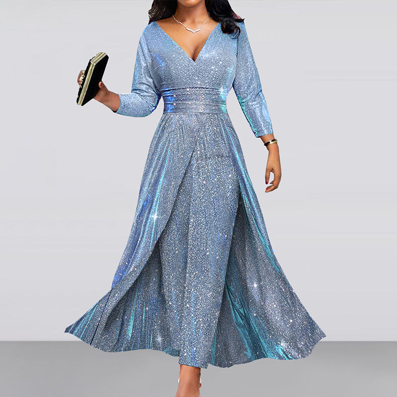 Damen Glitzerndes Maxikleid mit eleganter Teilung und schimmerndem Stoff R&B