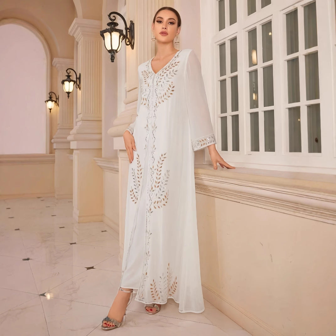Damen Elegantes maximal langes Kleid mit feinen sticktechnischen Details und umhüllendem Schal R&B