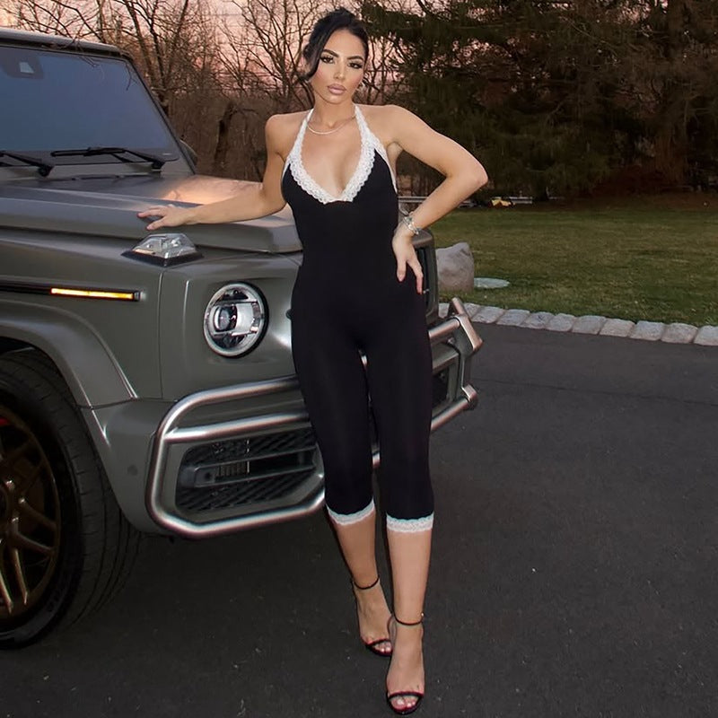 Damen Eleganter Jumpsuit mit Spitzendetails und taillierter Silhouette R&B