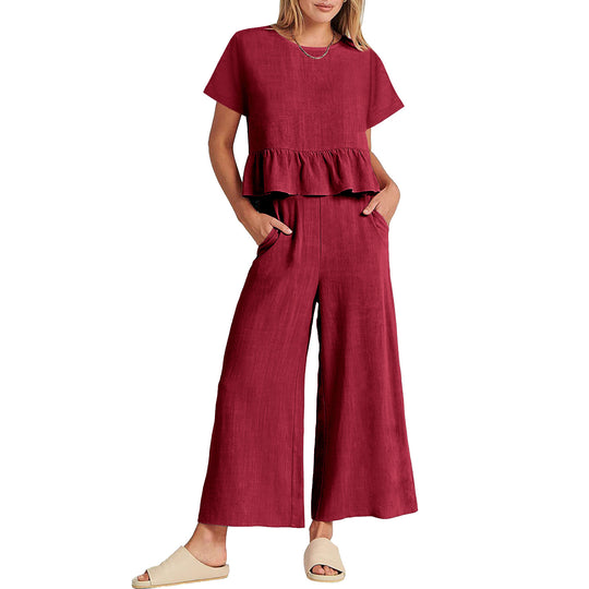 Damen Zweiteiliges Outfit mit fließendem Oberteil und weitem Hosen-Design R&B