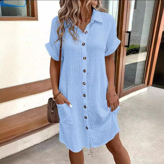 Damen Hemdblusenkleid aus leichtem Baumwollstoff mit praktischen Taschen und durchgehender Knopfleiste R&B