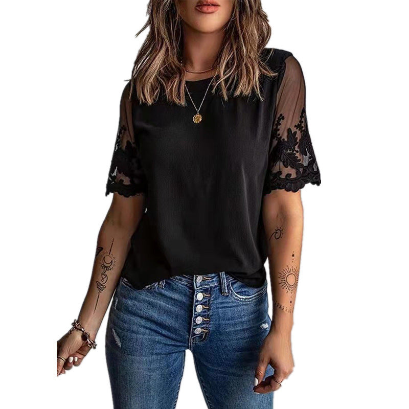 Damen Elegantes T-Shirt mit Spitze an den Ärmeln R&B