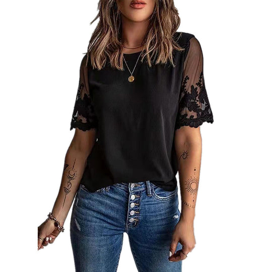 Damen Elegantes T-Shirt mit Spitze an den Ärmeln R&B