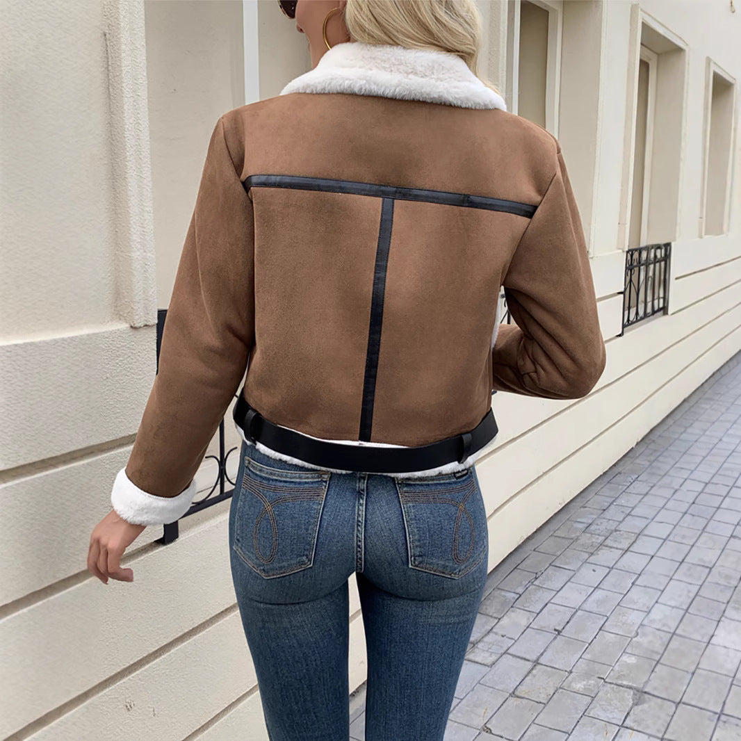 Damen Stylische Jacke mit Kunstfellbesatz und dekorativen Schnallen R&B