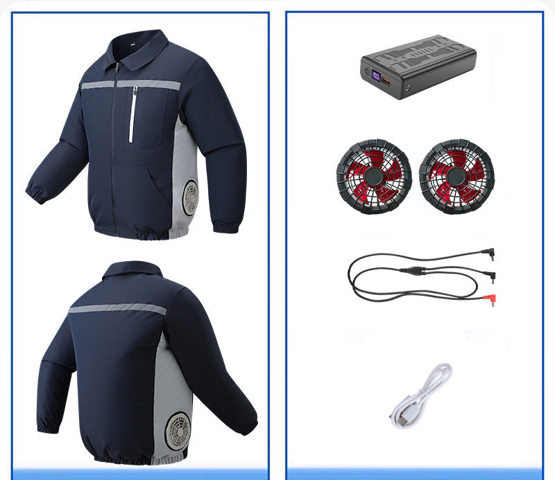 Unisex nan ventilated work cooling jacket with side vent inserts, removable battery compartment and reflective inserts R&B