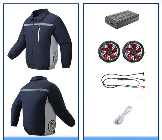 Unisex nan ventilated work cooling jacket with side vent inserts, removable battery compartment and reflective inserts R&B