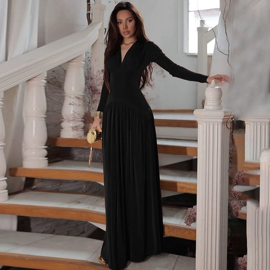 Damen Elegantes Maxikleid mit tiefem V-Ausschnitt und fließendem Schnitt R&B