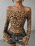 Damen nan tailliertes schulterfreies Netz-Crop-Top mit Leopardenmuster und ausgestellten Ärmeln R&B