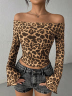 Damen nan tailliertes schulterfreies Netz-Crop-Top mit Leopardenmuster und ausgestellten Ärmeln R&B