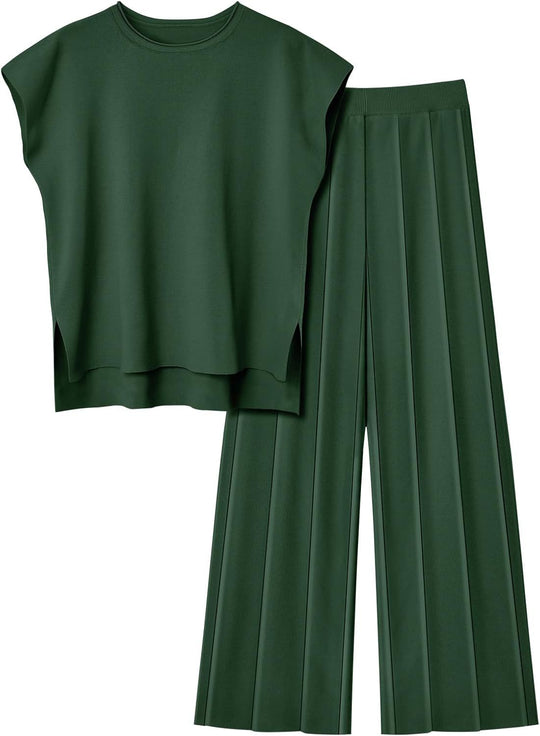 Damen elegantes Set mit kurzärmligem Oberteil und plissierter Hose R&B