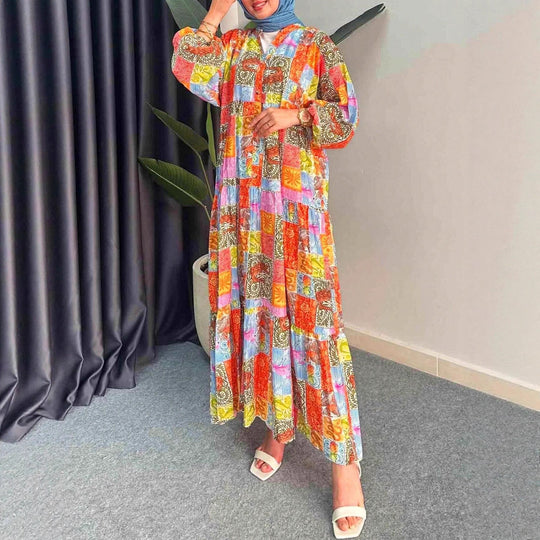 Damen Langes Patchwork-Kleid aus luftiger Baumwolle mit weitem Schnitt R&B