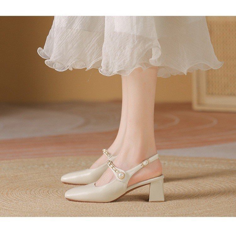 Damen Slingback-Pumps mit quadratischem Absatz und Perlenakzenten R&B