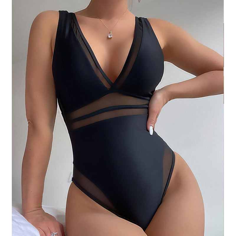 Damen Einteiliger Badeanzug mit tiefem V-Ausschnitt und eleganten Transparentsdetails