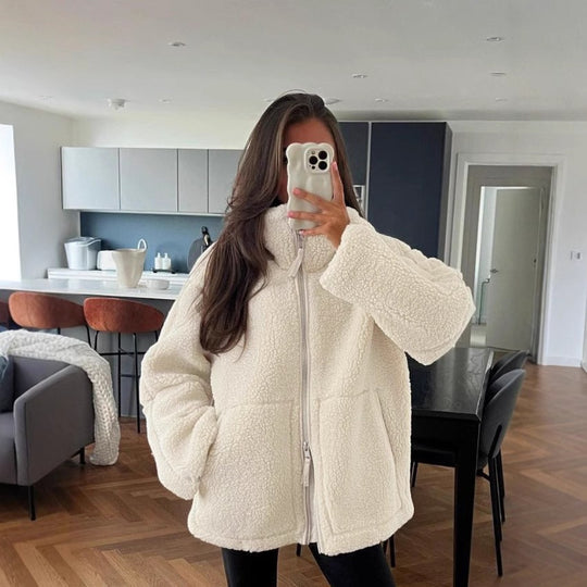 Damen kuschelige Fleecejacke mit hohen Kragen und großen Taschen R&B