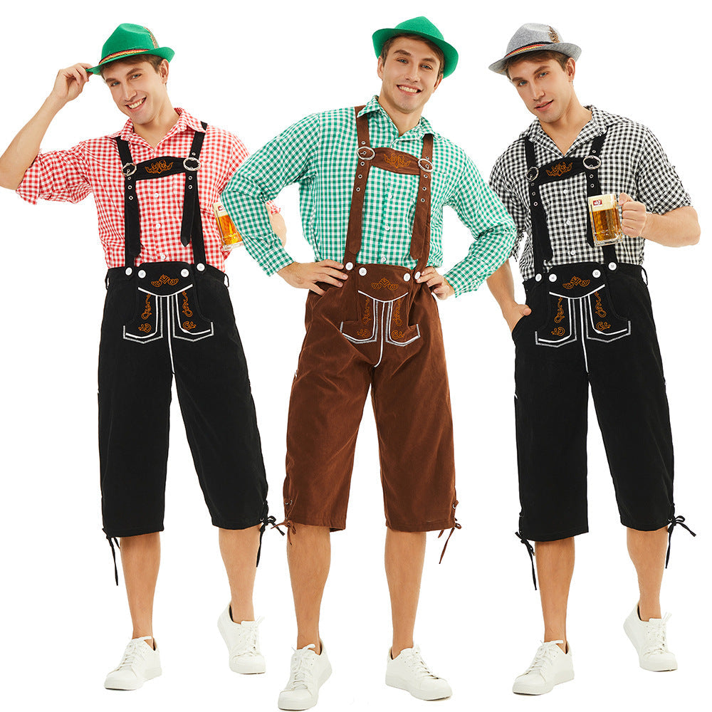 Herren nan traditionelle bayerische Trachtenlederhose knielang mit bestickten Hosenträgern R&B