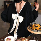 Damen Oversized Strickpullover mit V-Ausschnitt und zartem Spitzenrand R&B