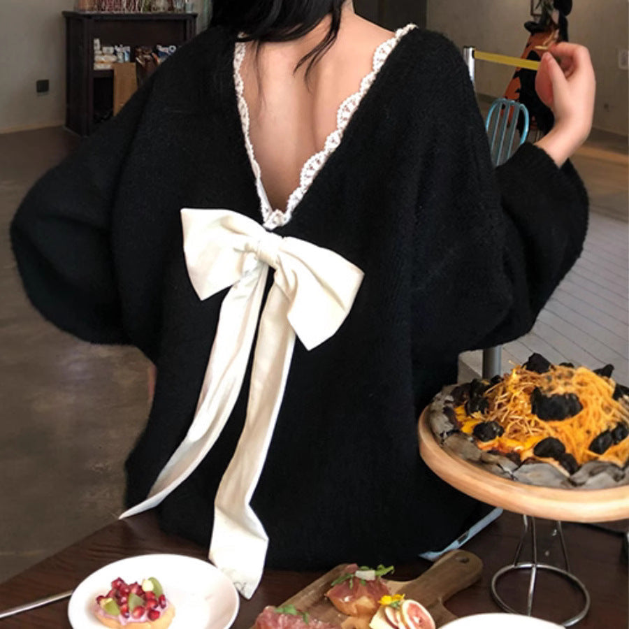 Damen Oversized Strickpullover mit V-Ausschnitt und zartem Spitzenrand R&B