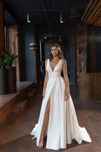 Damen elegantes Hochzeitskleid mit tiefem V-Ausschnitt und seitlichem Schlitz EB