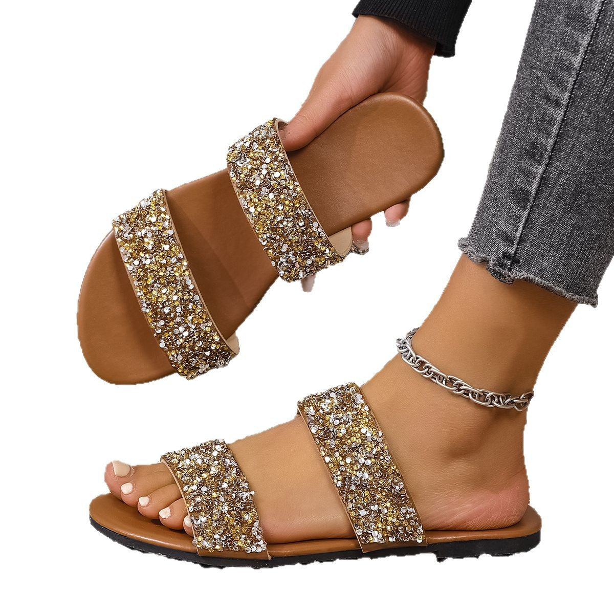 Damen Glitzernde Slides mit breiten Riemen R&B