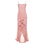 Damen Elegantes Maxikleid mit Rüschendetails und leicht transparentem Stoff R&B