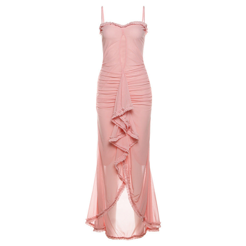 Damen Elegantes Maxikleid mit Rüschendetails und leicht transparentem Stoff R&B