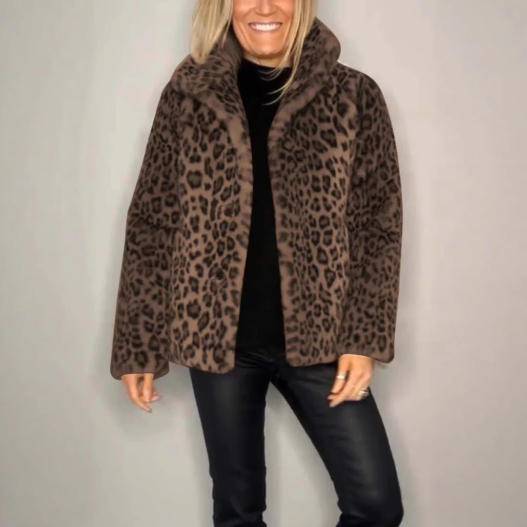 R&B | Mantel Faux Fur Übergröße Passform Tierdruck Offene Vorderseite Reverskragen